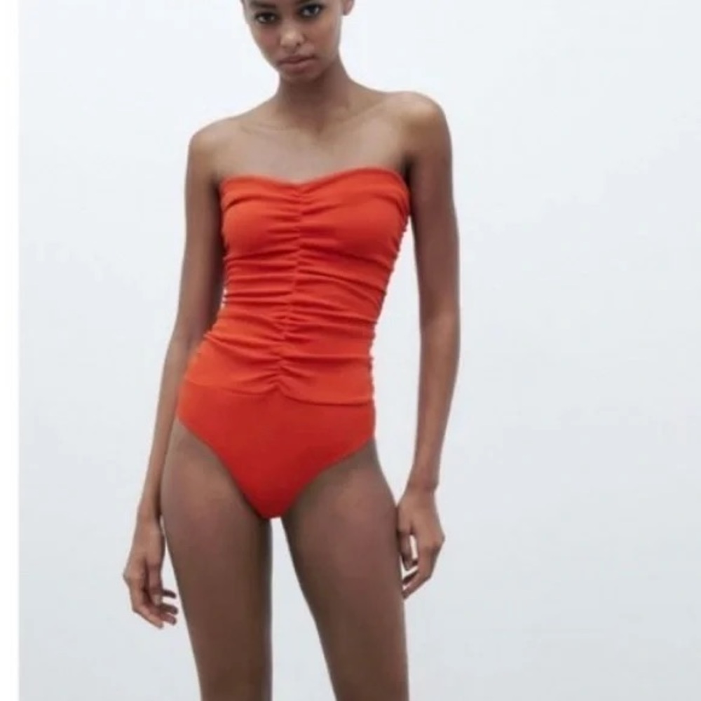 Zara Orange Sleeveless Ruched Bodysuit